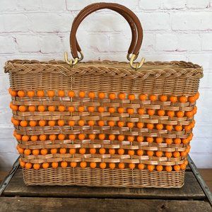 60's Straw & Beaded Tote Bag/Purse - Leather Handle - Boho - Mod - Coated Straw